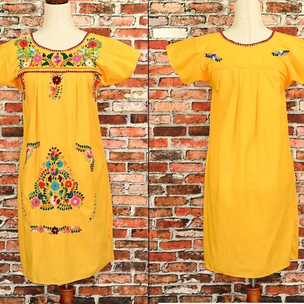 Vintage 70s Blue Handmade Off the Shoulder Mexican Peasant Dress